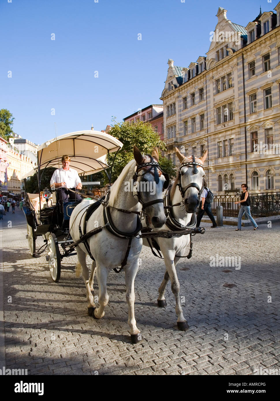 Pferdekutsche Touristen Beförderung Karlovy Vary Tschechien Stockfoto