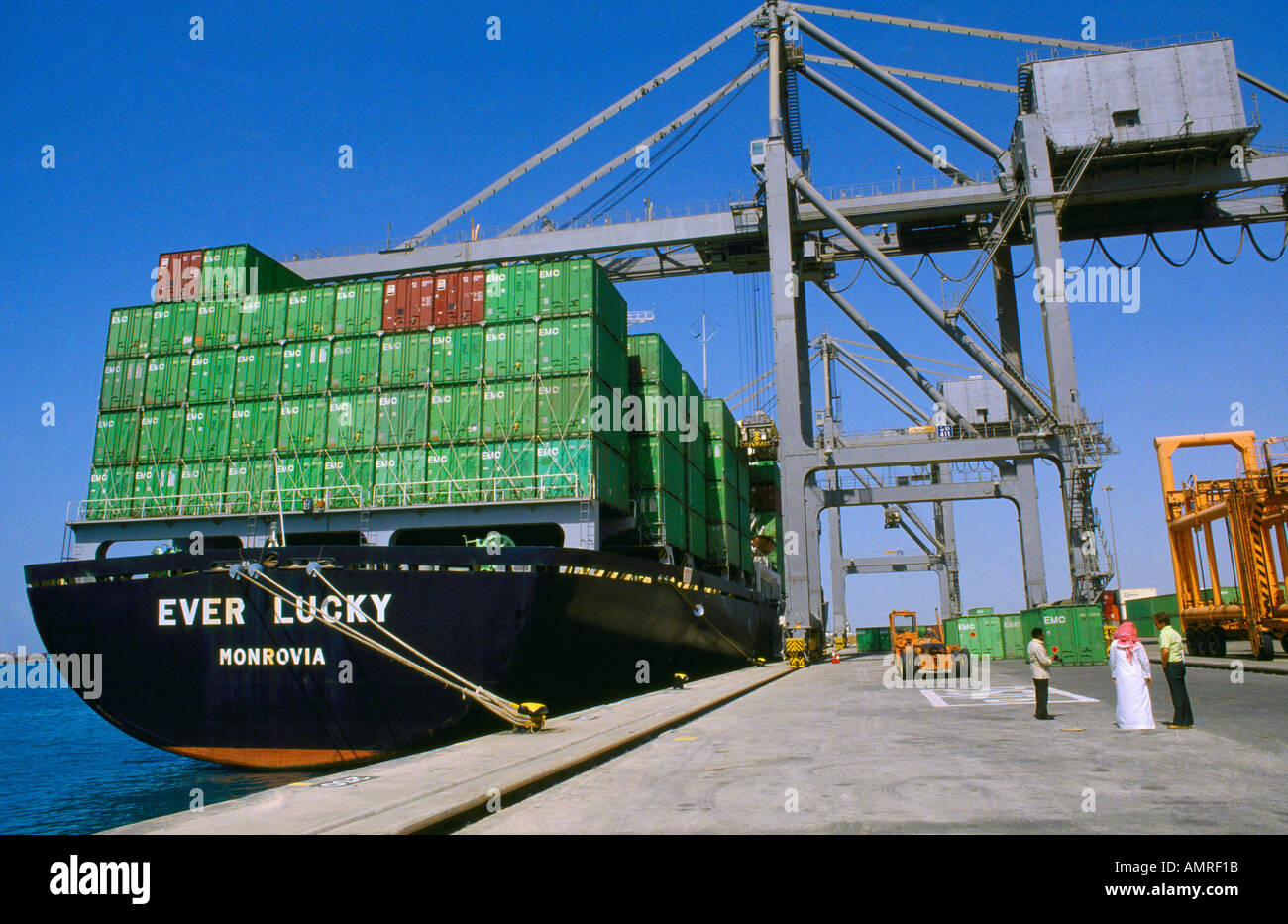 Jeddah Saudi-Arabien Containerschiff Container-Kran immer Glück Stockfoto