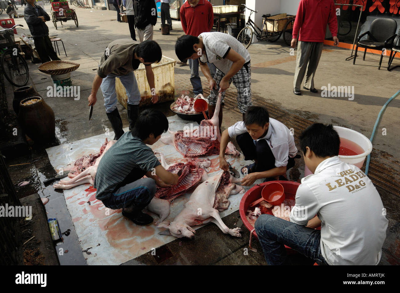 Personal im Restaurant Schlachtung Hunde auf der Straße in Wuhan, Hubei China 20. Oktober 2007 Stockfoto