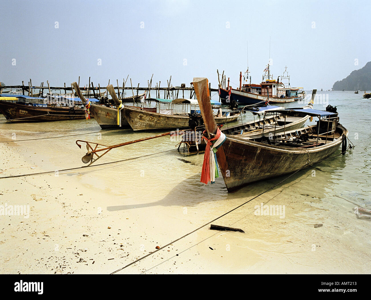 Long-Tail-Boote vertäut am Strand in der Nähe von Pier Phi Phi Phi Phi Insel Krabi Thailand Stockfoto