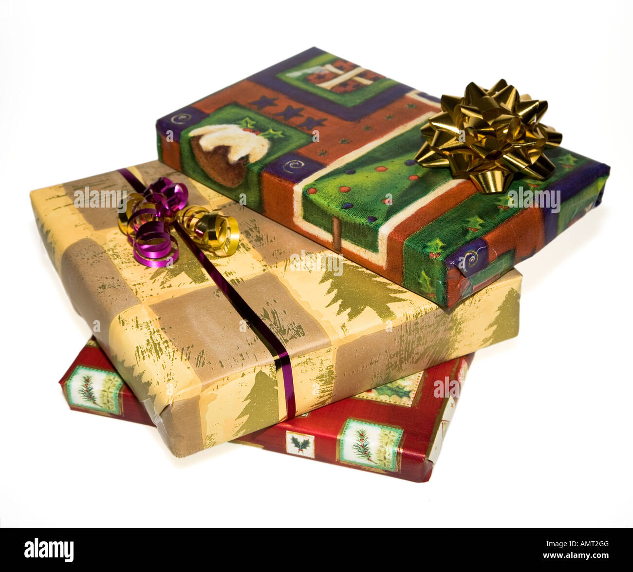 Haufen von verpackte Weihnachtsgeschenke Stockfoto