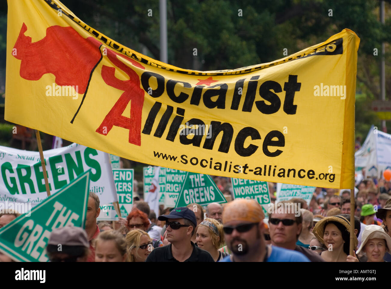 Sozialistische Allianz Banner bei einem Protestmarsch gegen Premierminister John Howard Sozialpolitik. Stockfoto