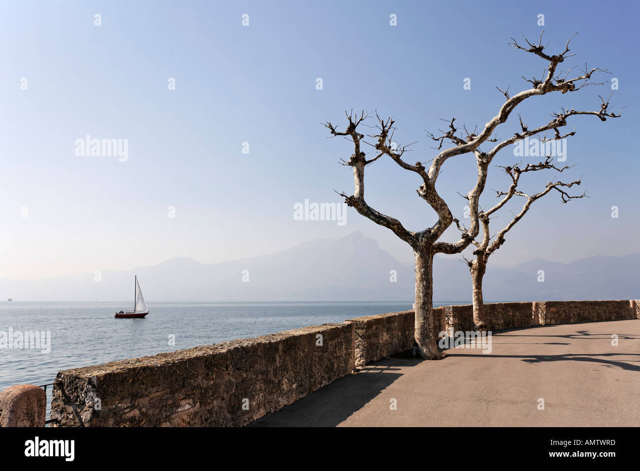 Uferpromenade und ein Segelschiff, Torri del Benaco, Gardasee, Italien Stockfoto