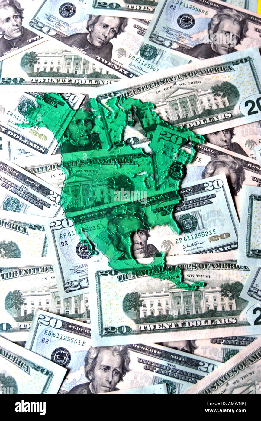 Nordamerika-Karte auf Dollar-Noten Stockfoto