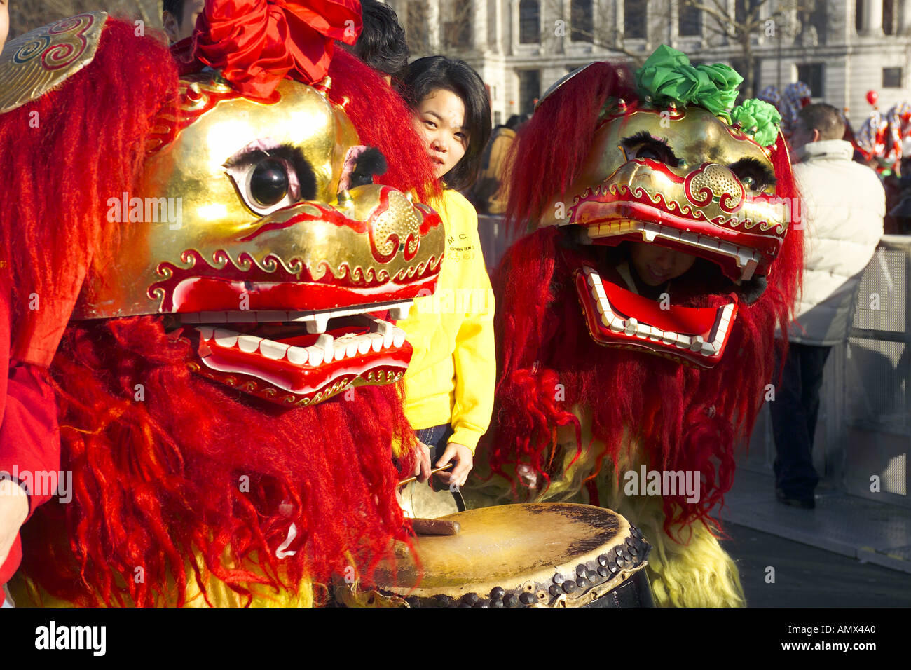 London, China Town, chinesische Löwen Stockfoto