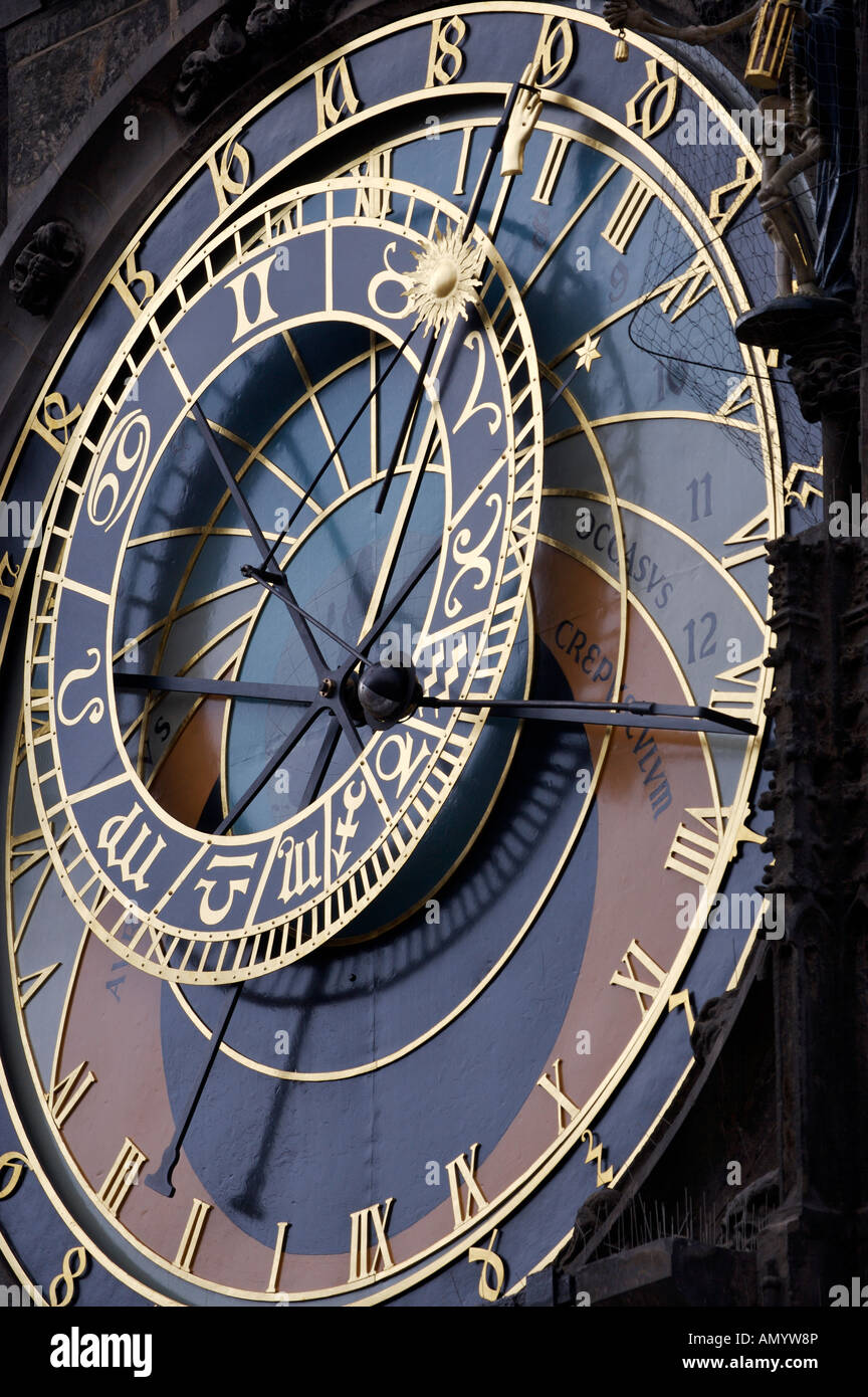 Obere Fläche der astronomischen Uhr auf dem alten Rathausturm in alte Stadt Bezirk von Prag, Tschechische Republik, Europa. Stockfoto