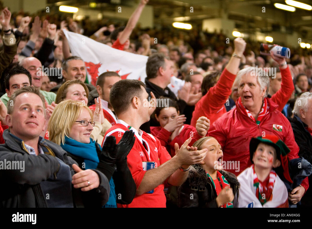 Wales-Fans das Spiel beobachten, während die Wales-England Spiel im Millennium Stadium am 17. März 2007 Stockfoto
