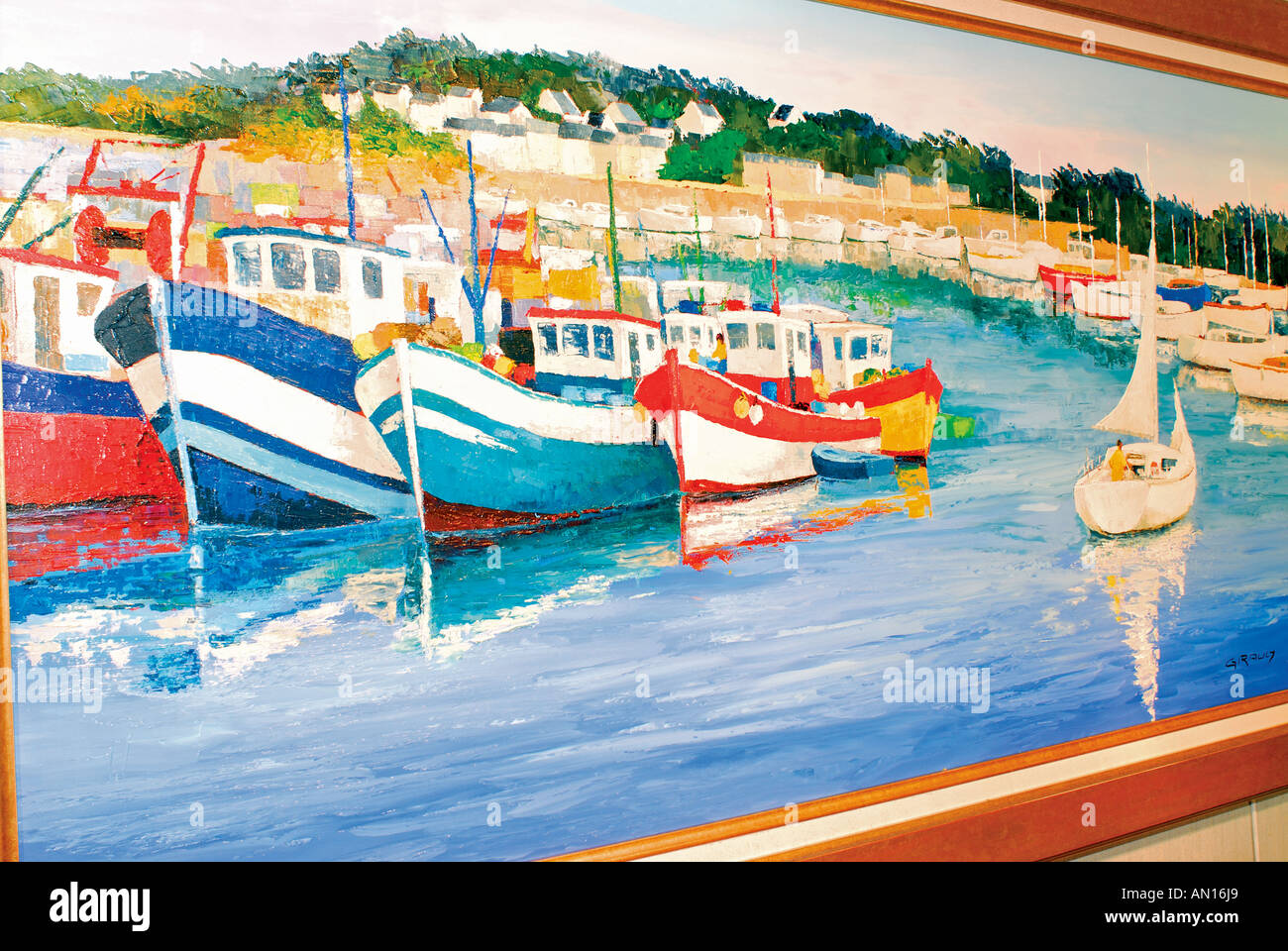 Aquarell-Malerei von Daniel Girault in seiner Kunstgalerie Les Cypres, Pont-Aven, Bretagne, Frankreich Stockfoto