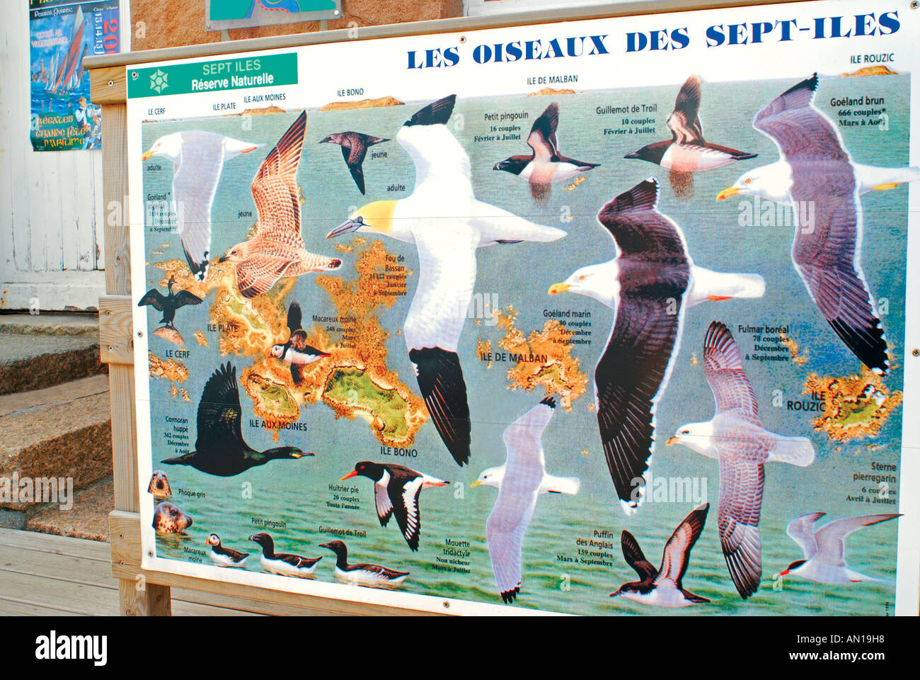 Informationen Signal des Naturparks Sept Ile, Hafen von Ploumanc´h, Bretagne, Frankreich Stockfoto