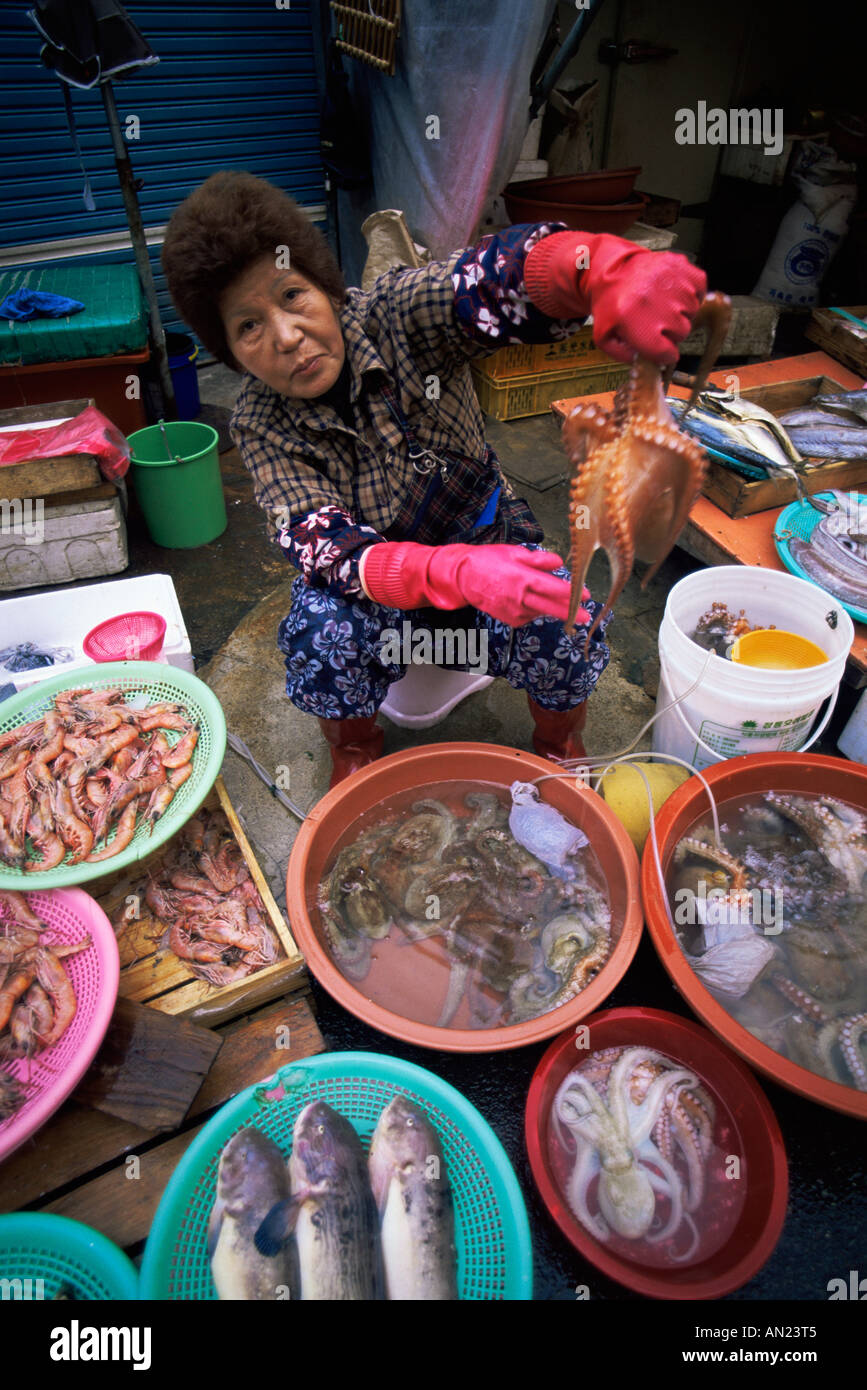 Busan, Korea Jagalchi Markt, Frau verkaufen Octopus Stockfoto