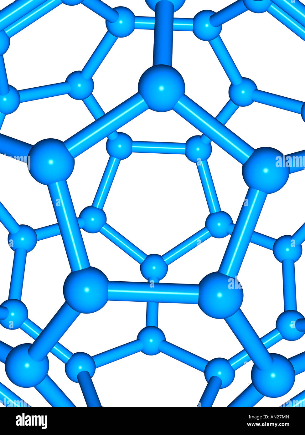 Blaue abstrakte Netzwerkstruktur, Teil eines Computers generiert Fulleren 3D-Modell. Stockfoto