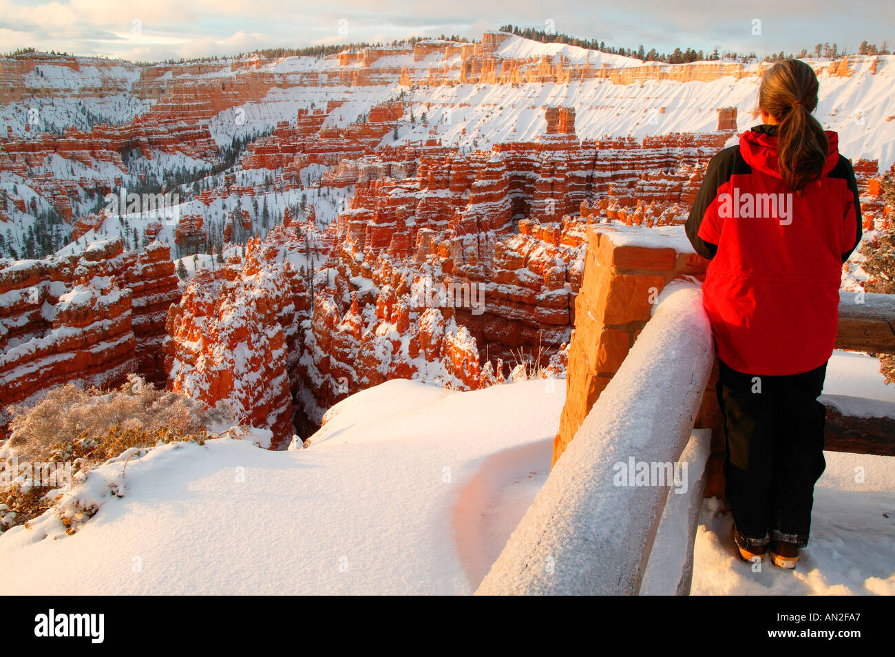 Ein Besucher am Sunset Point im Winter Bryce Nationalpark Utah Modell veröffentlicht Stockfoto