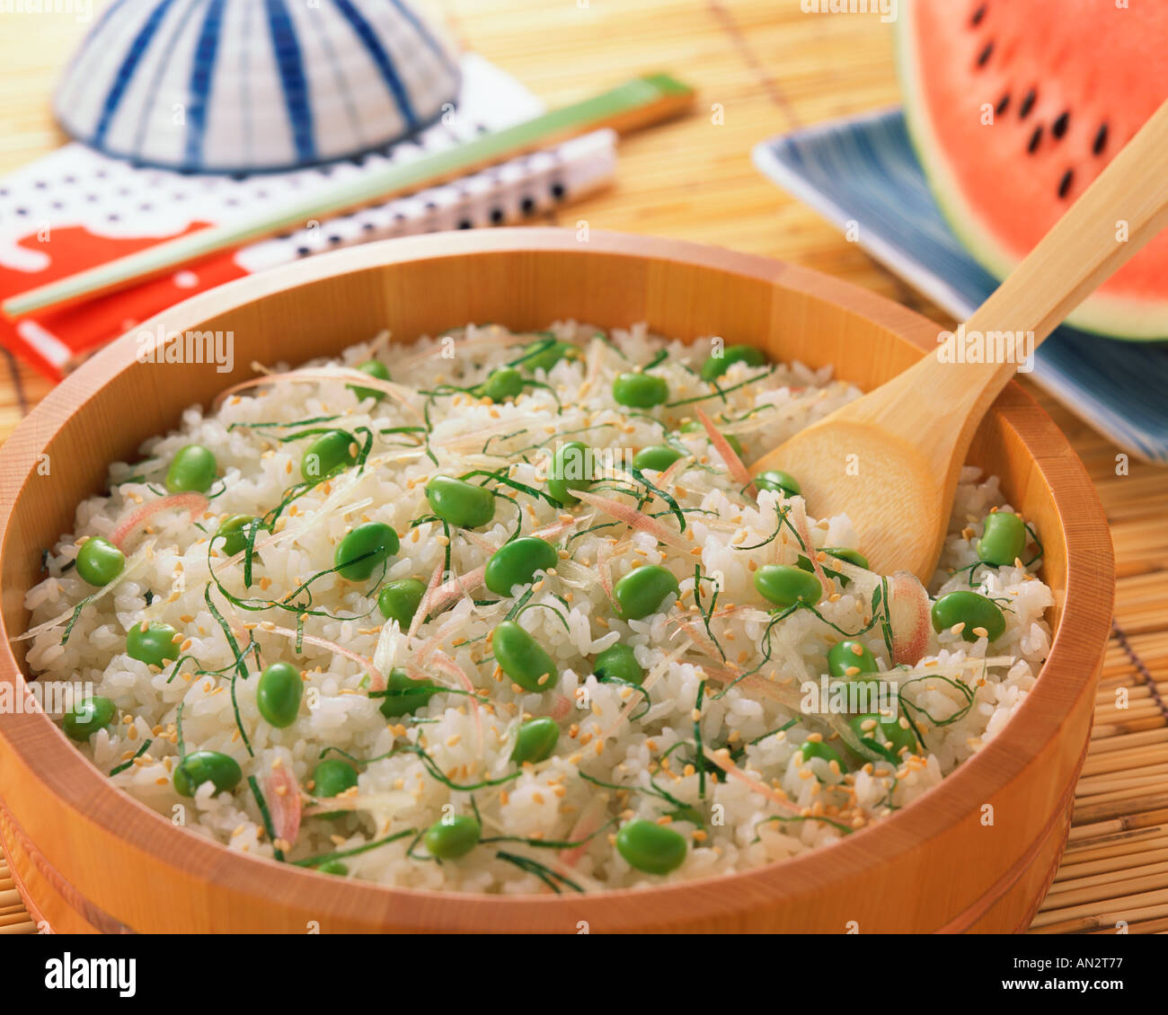 Gedämpfter Reis mit Soja Stockfoto