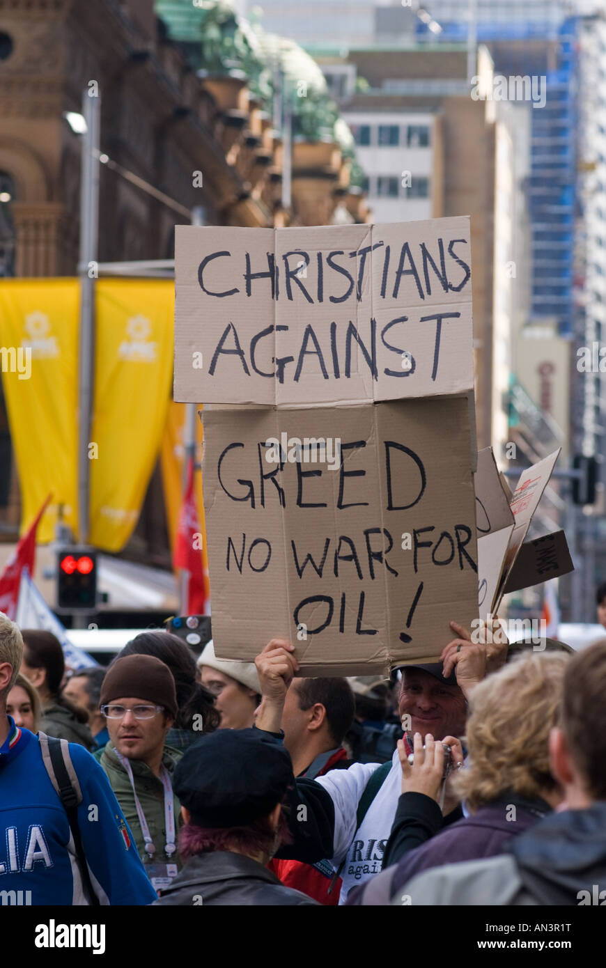 Christliche Anti-Kriegs-Demonstranten bei einem Protest März während des APEC-Gipfels, Sydney, September 2007. "Christen gegen Gier" Stockfoto