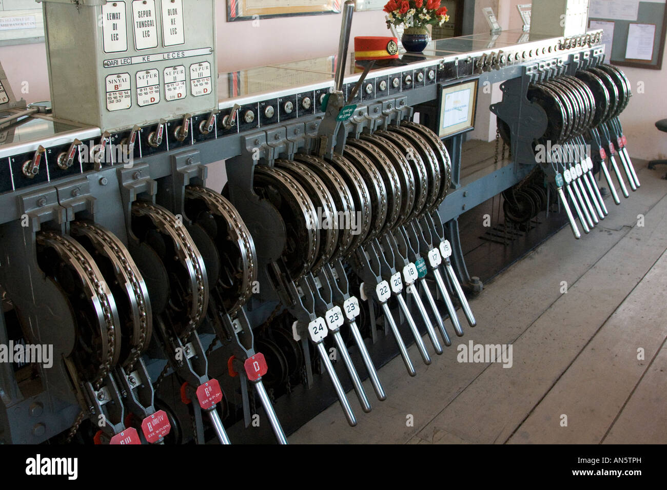 Train Station alte altmodische Switch Control Hebel Probolinggo Indonesien Stockfoto
