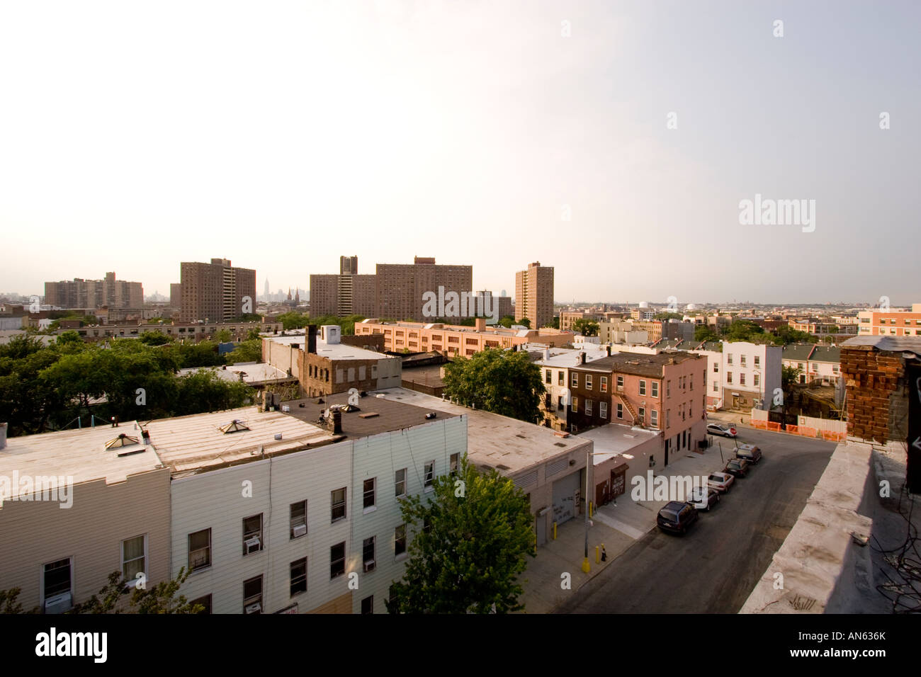 Blick von einem Brooklyn-Dach mit Blick auf Bushwick, mit der JMZ-U-Bahn-Linie in der Ferne. Stockfoto