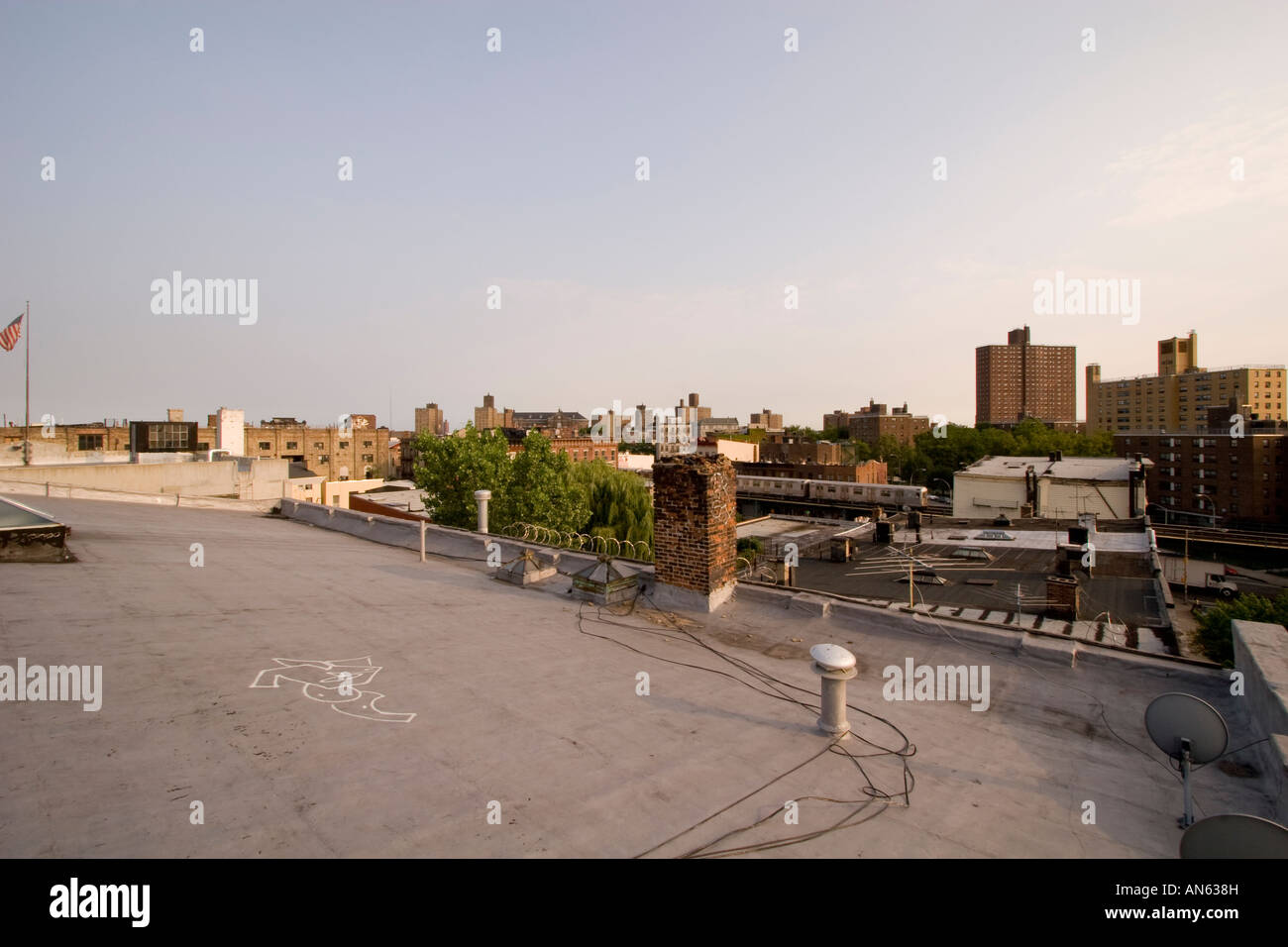Blick von einem Brooklyn-Dach mit Blick auf Bushwick, mit der JMZ-U-Bahn-Linie in der Ferne. Stockfoto