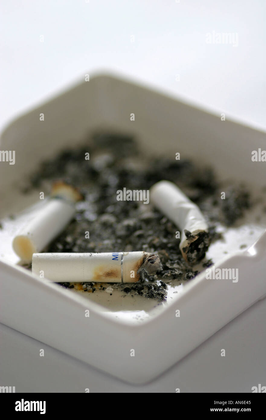 Generische Zigaretten erloschen in eine weiße Aschenbecher mit Asche Rauchverbot anti Rauch Passivrauchen gesundheitlichen Bedenken Hintern Schwuchteln Stockfoto