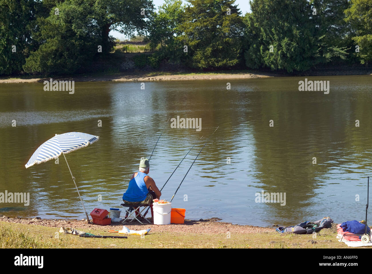 Mann angeln in Vivian's Lake, Comper, Wald von Paimpont, Bretagne, Frankreich, Europa Stockfoto