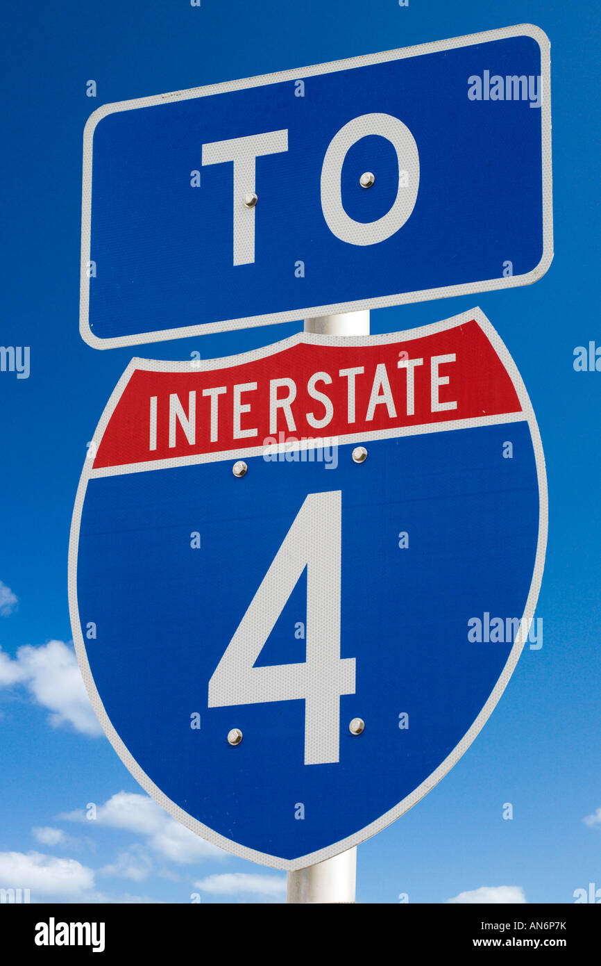 Verkehrszeichen für Interstate 4, International Drive, Orlando, Florida, USA Stockfoto