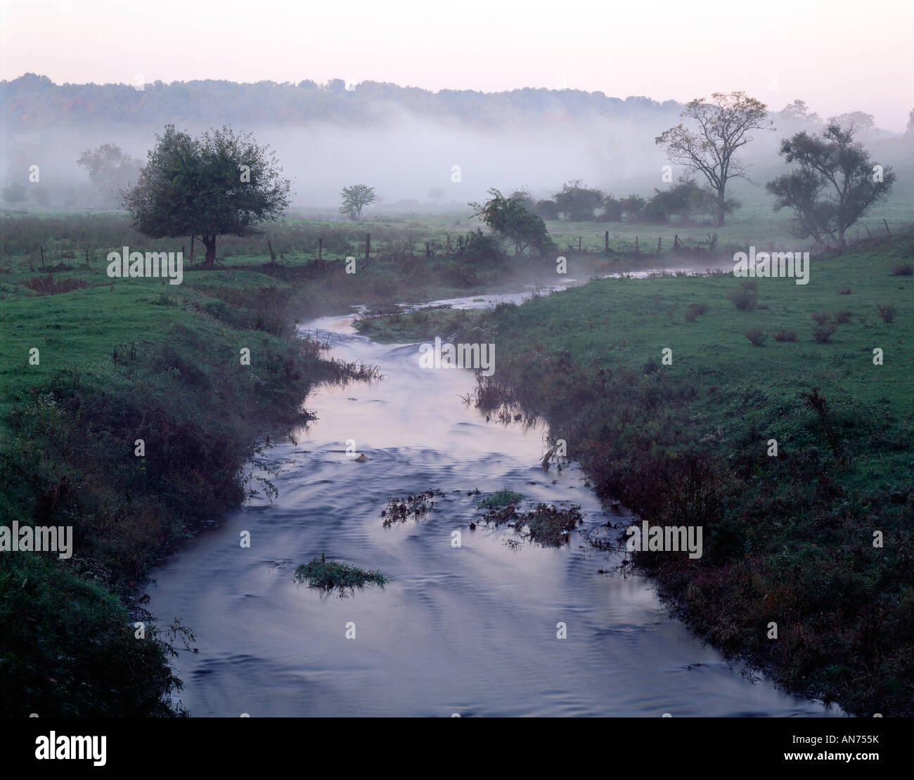 Nebel liegt über ein Bach im Brandywine Valley, Chester County, Pennsylvania, Usa., Stockfoto
