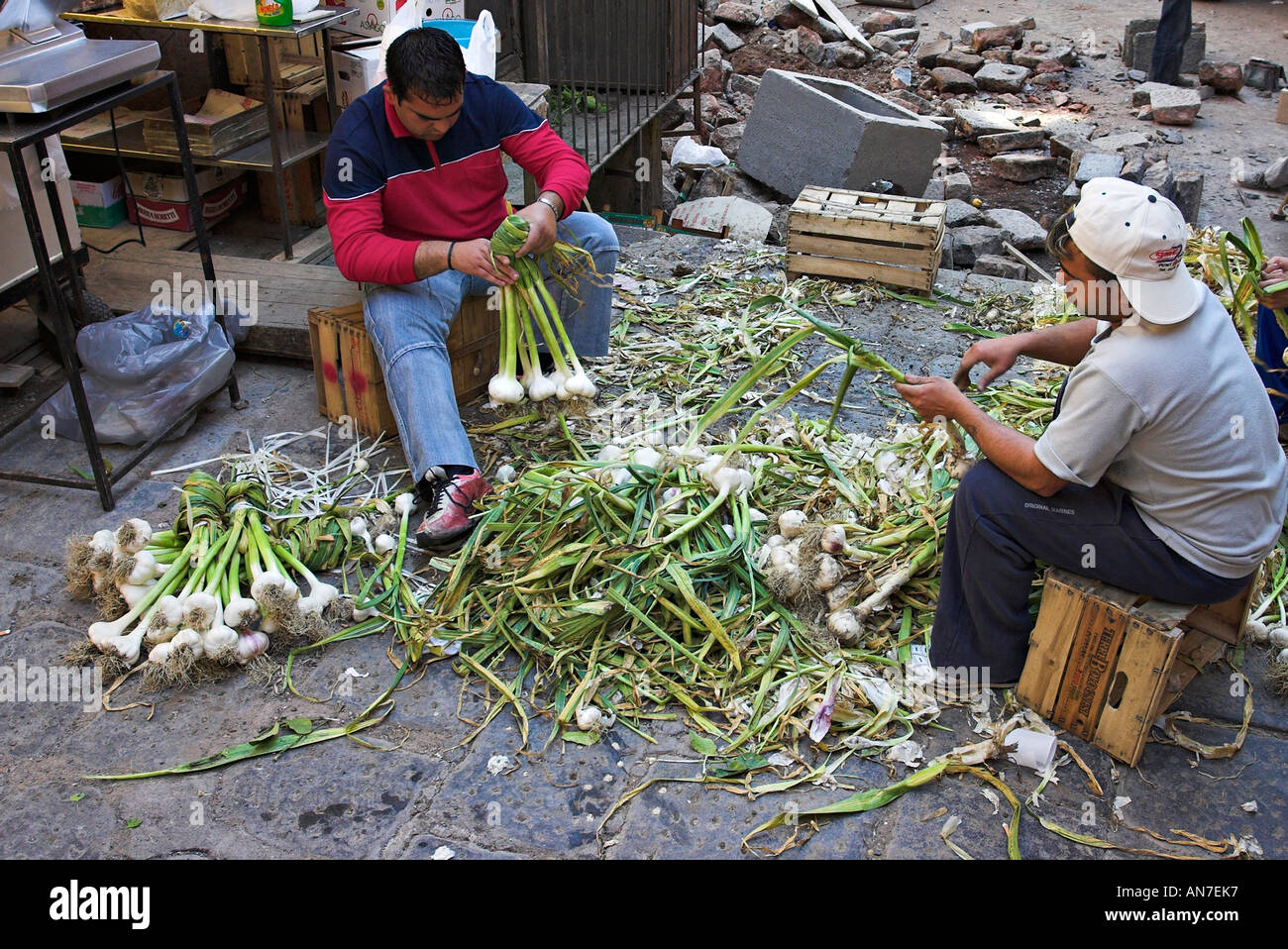 Zwei Männer Arbeit ihren Weg durch einen großen Berg von frischem Knoblauch binden sie Trauben Fisch-Markt-Catania-Sizilien-Italien Stockfoto