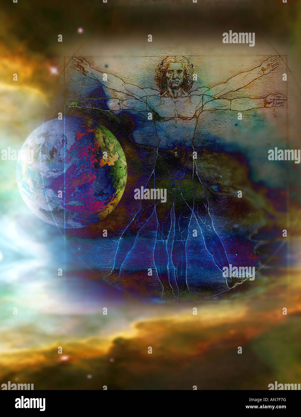 Erde-Galaxie und vitruvianische Mensch Stockfoto