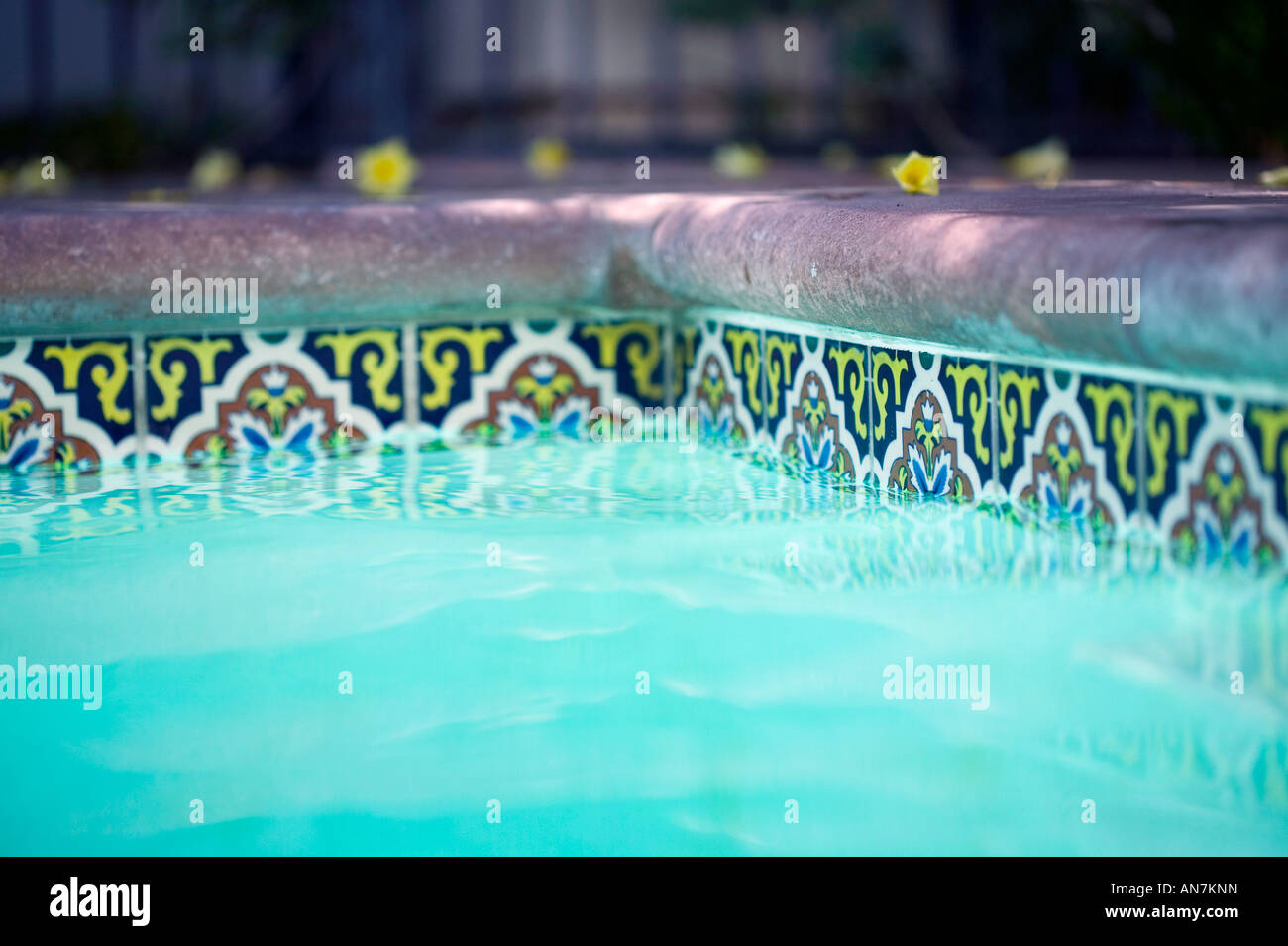 Pool Seite Wasser Muschel aus einem niedrigen Winkel mit Catalina Kacheln oder Fliesen Monterey in Kalifornien Stockfoto