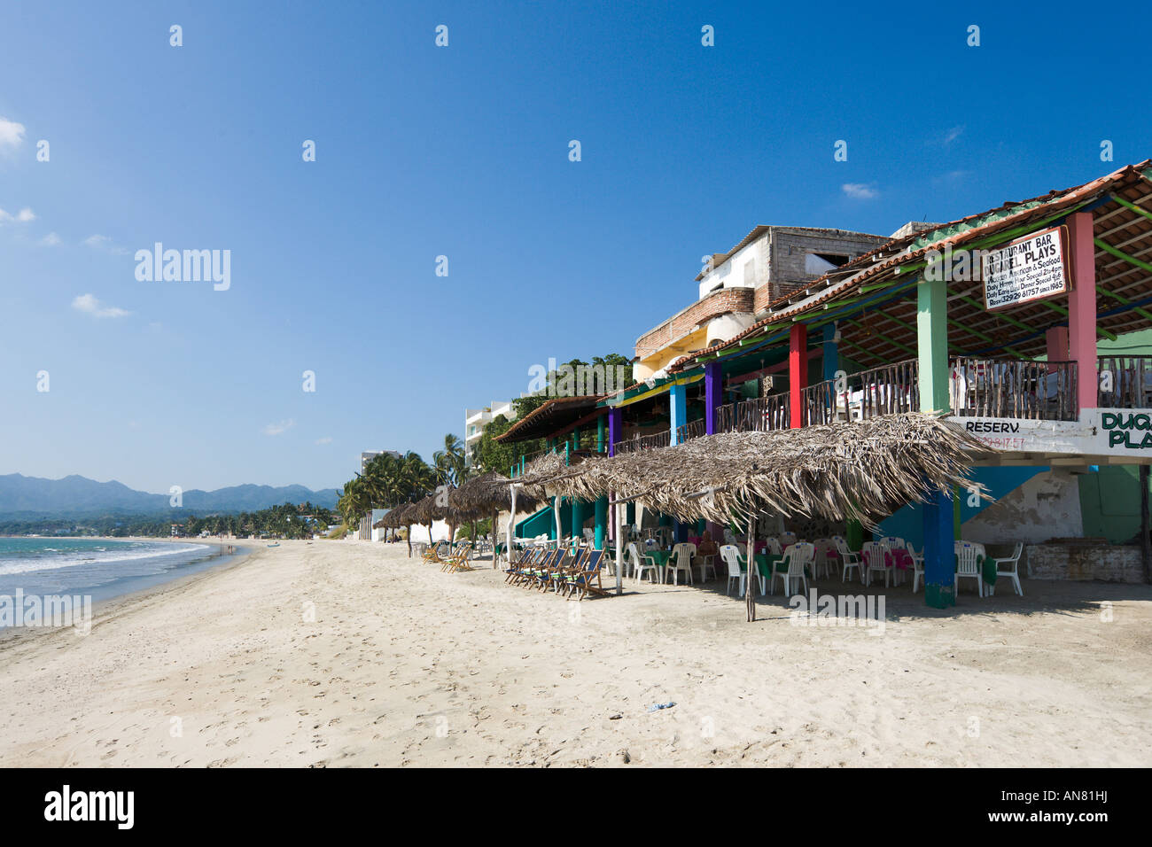 Beachfront Restaurant, Bucerias, in der Nähe von Nuevo Vallarta, Riviera Nyarit, Puerto Vallarta, Pazifikküste, Mexiko Stockfoto