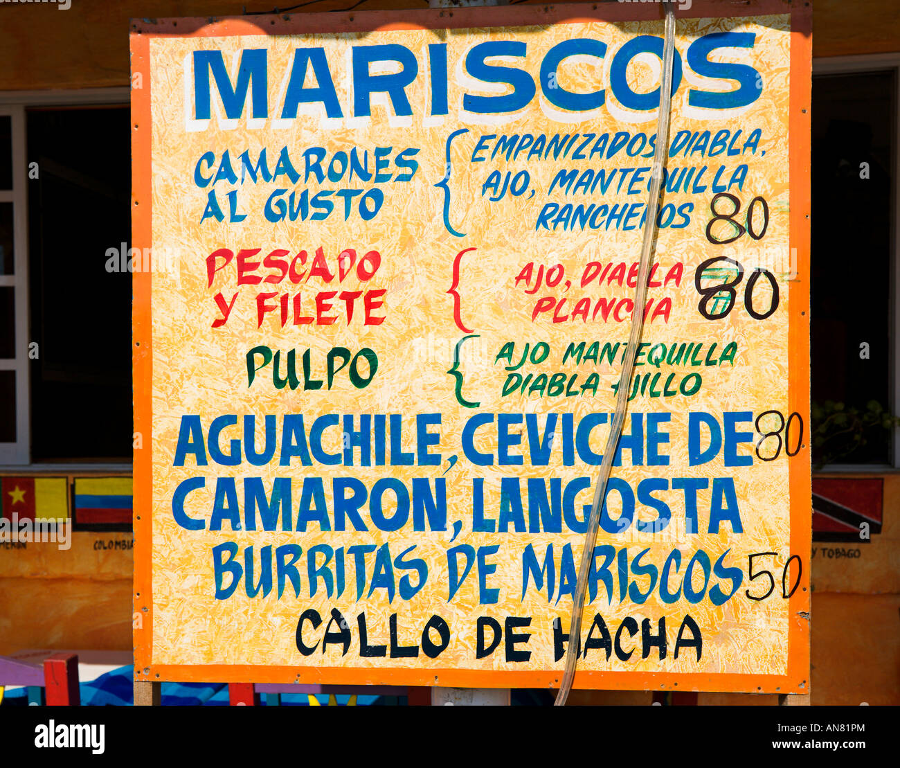 Restaurant Menü Zeichen, Bucerias, in der Nähe von Nuevo Vallarta, Riviera Nyarit, Puerto Vallarta, Pazifikküste, Mexiko Stockfoto