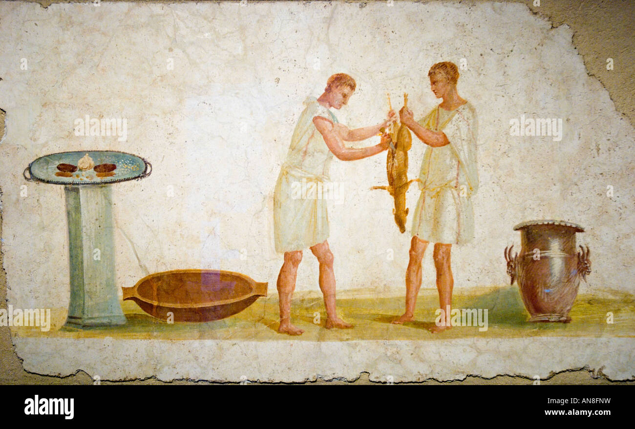 Zwei Küche Sklaven einen Hasen ausnehmen. Römischen Fresko in der Sammlung Getty, Malibu, USA Stockfoto