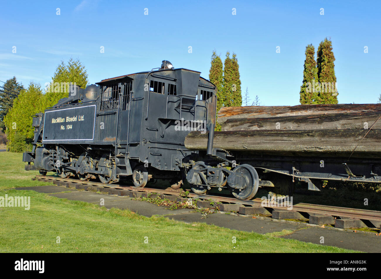 MacMillan Bloedel #1044 Protokollierung Eisenbahn Dampflokomotive Chemainus Vancouver Insel v. Chr. Stockfoto