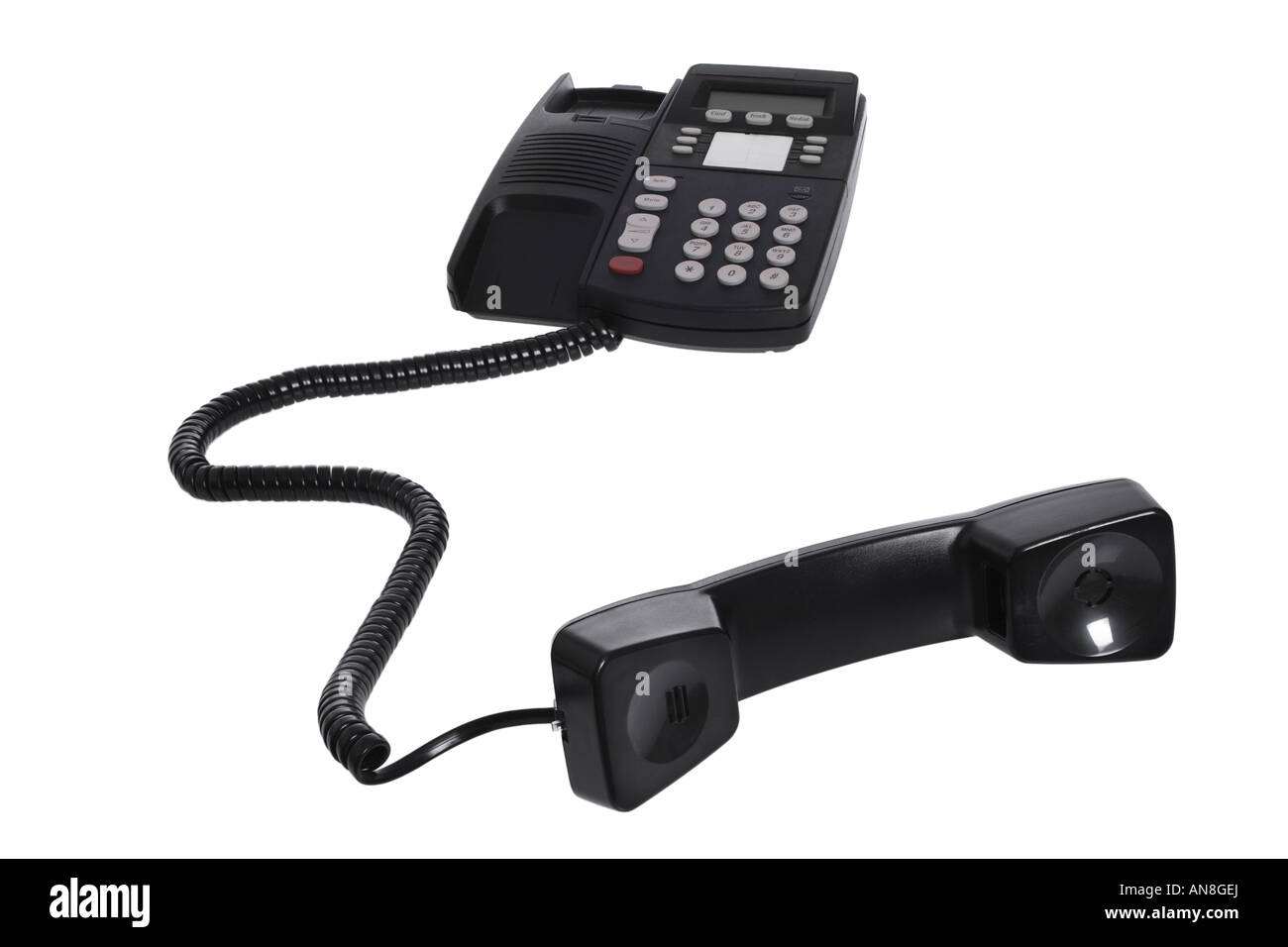 Telefon mit Empfänger im Vordergrund Ausschneiden auf weißem Hintergrund Stockfoto