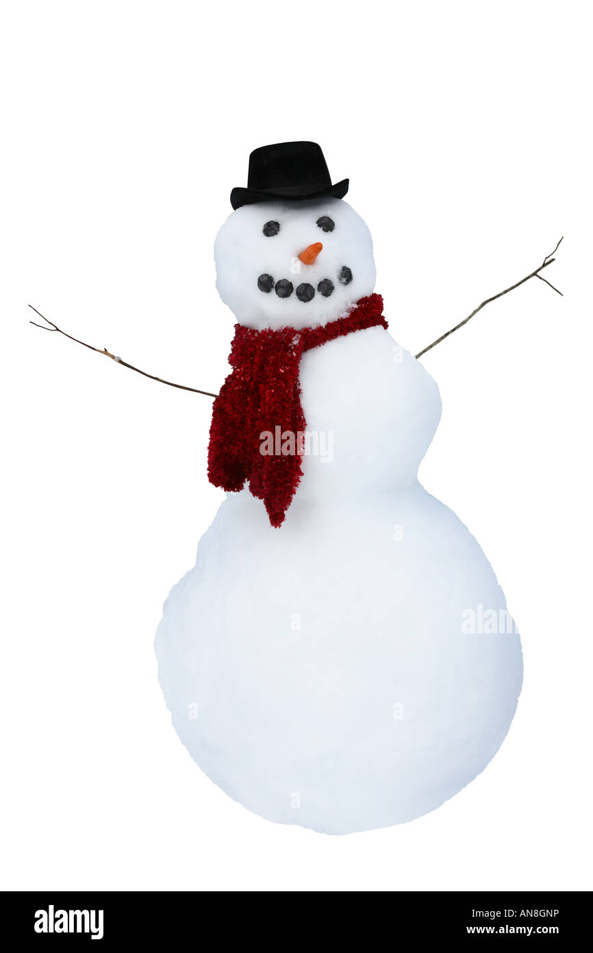 Schneemann, full-Size-Schneemann mit echtem Schnee gemacht ausgeschnitten auf weißem Hintergrund Stockfoto