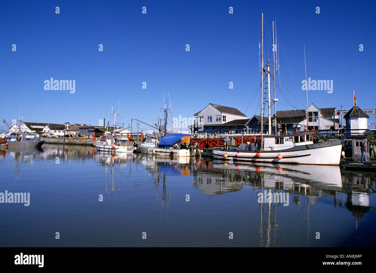Fischerboote in Docks Steveston Dorf auf den Fraser River Richmond britisches Columbia Kanada Stockfoto