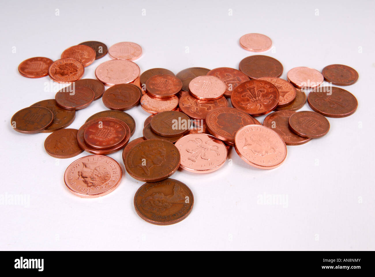 Kupfer-Münzen 2 Pence 1 Pence. Stockfoto