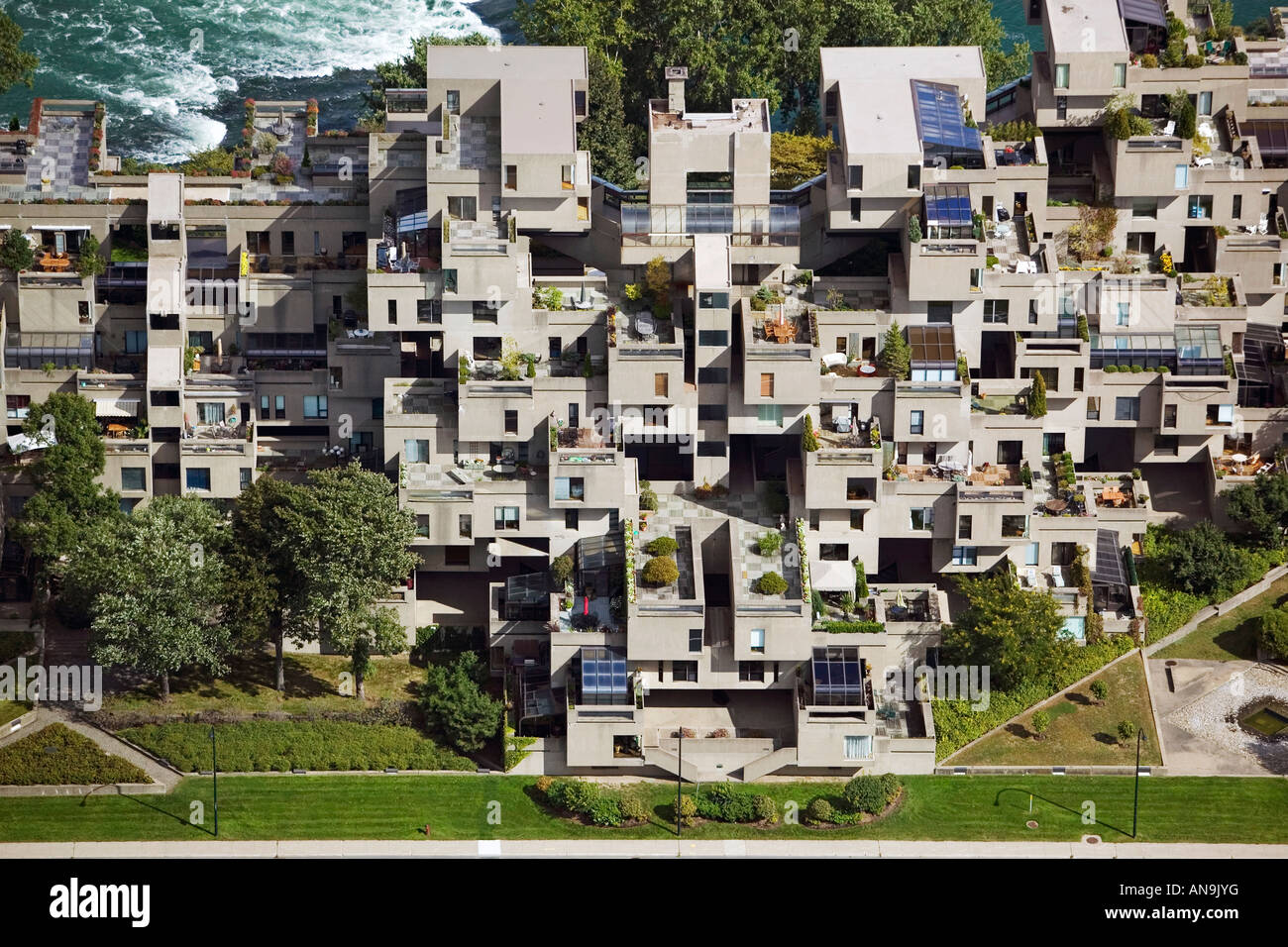Luftbild oben Habitat67 Wohnungsbau Montreal Quebec Kanada Mehrfamilienhaus Stockfoto