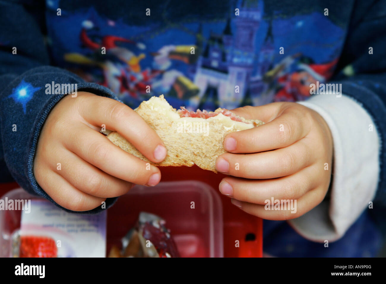 Kinder Brotdose mit Sandwich, Getränk und Snacks-Tasche Stockfoto