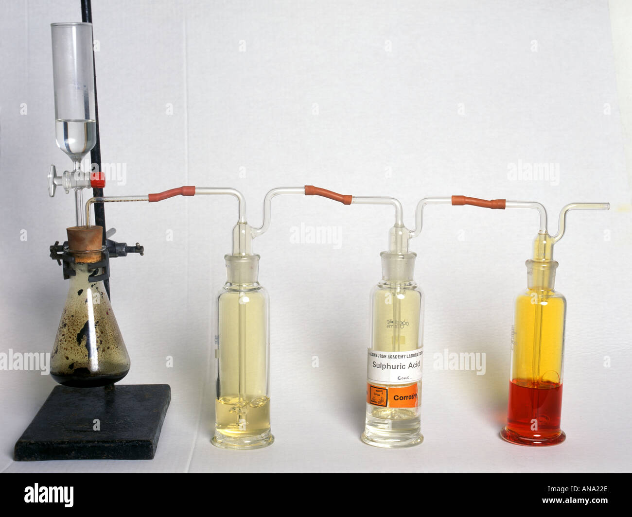 Lab-Prep von Brom Mangandioxid plus HCl entfernen Xs HCl Pass-through-Wasser & Conc Schwefelsäure Blase dann durch KBr soln Stockfoto