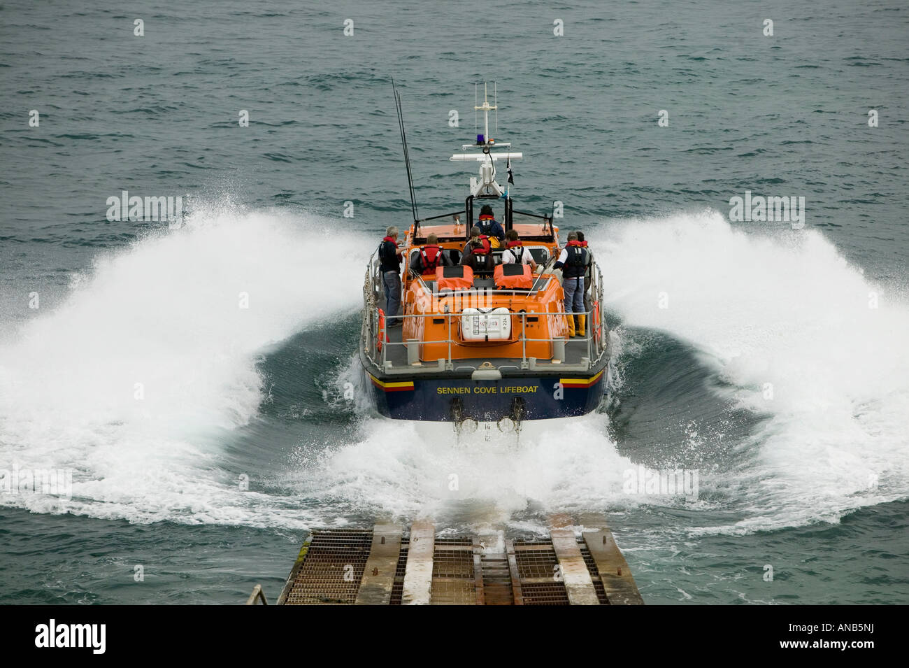 Die Sennen Rettungsboot startet. Stockfoto