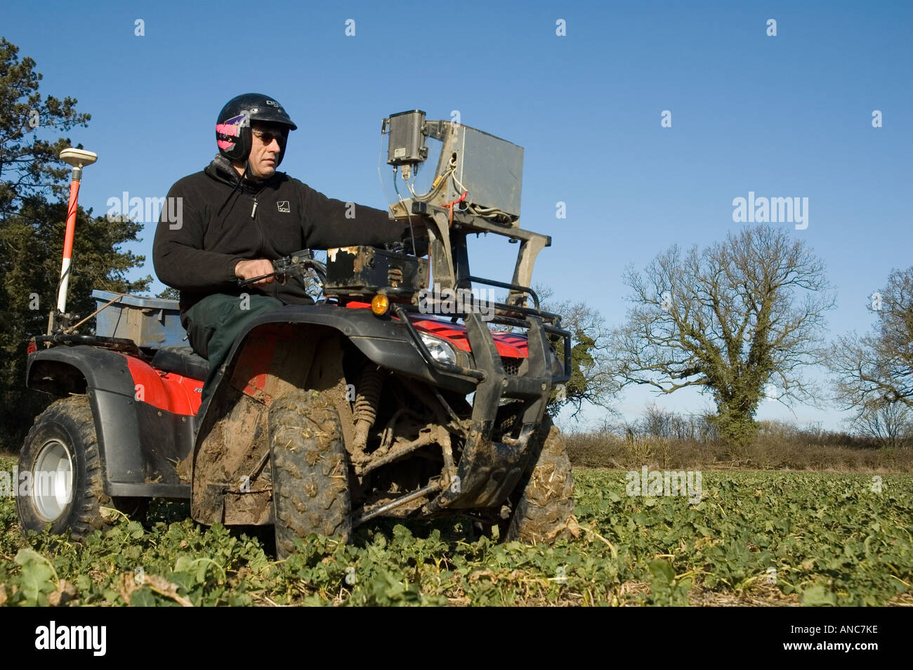 Ein Landwirt Landarbeiter Patrouillen seine Ernte Feld auf einem ATV Quad Motorrad Stockfoto