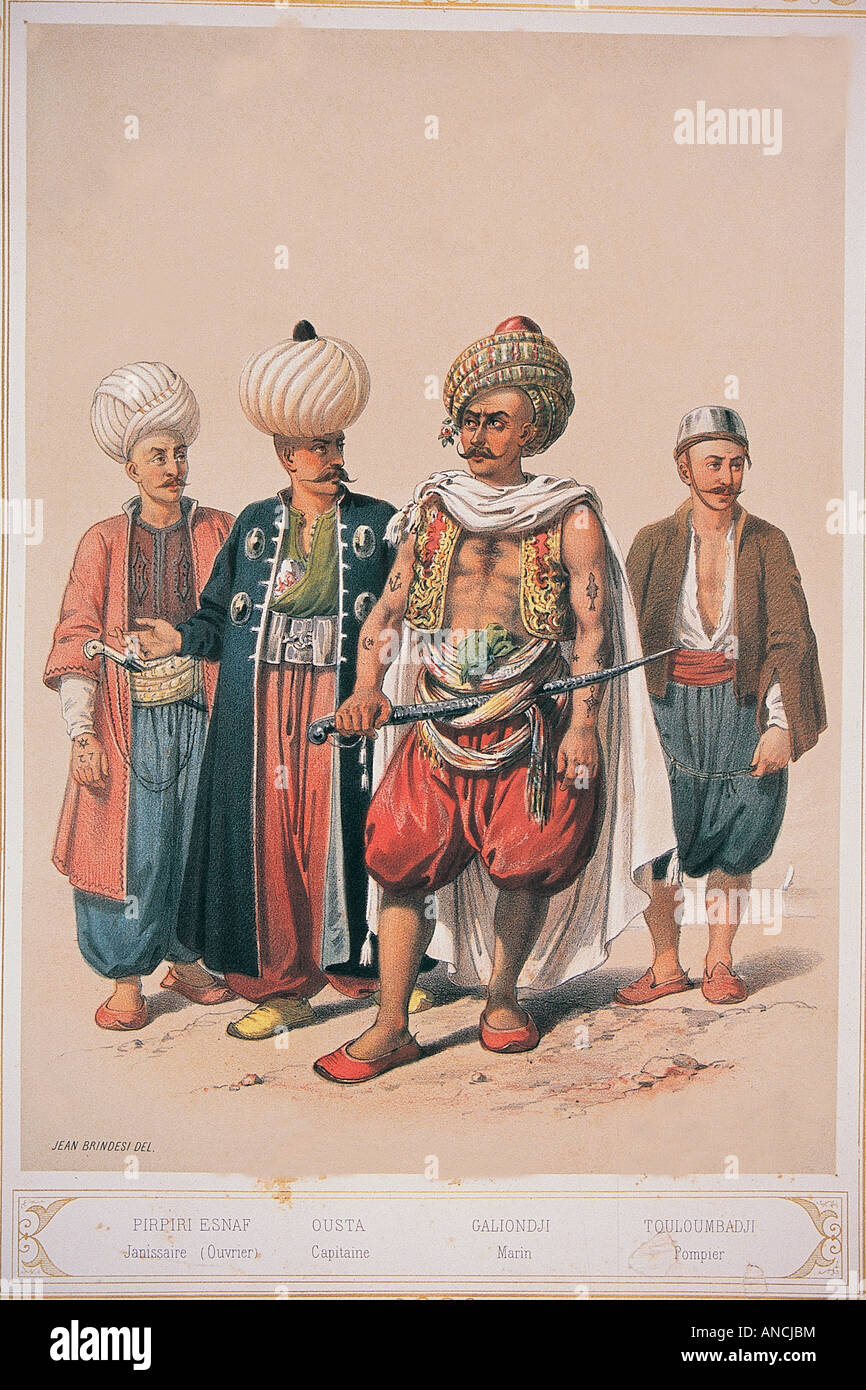 Abbildung eines osmanischen Janitscharen Soldaten mit niedrigen Rang, Koch und Feuerwehrmann Soldaten, militärische Museum Istanbul. Stockfoto
