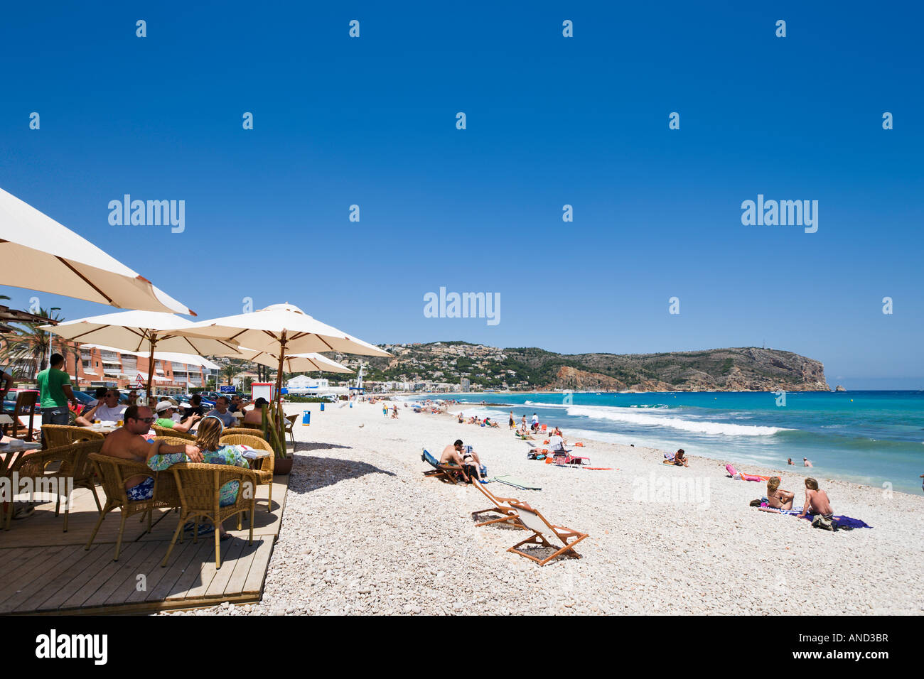 Beach Bar am Hauptstrand, Javea, Costa Blanca, Spanien Stockfoto