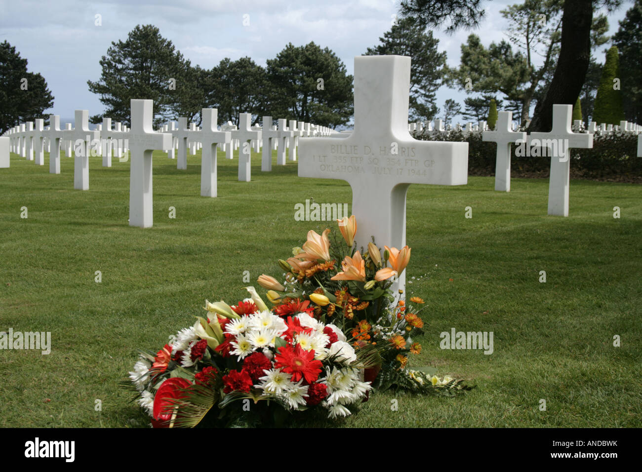 Blumen in Front von den mehr als 9.387 Grabstätten auf dem amerikanischen Soldatenfriedhof in Colleville-Sur-Mer Stockfoto