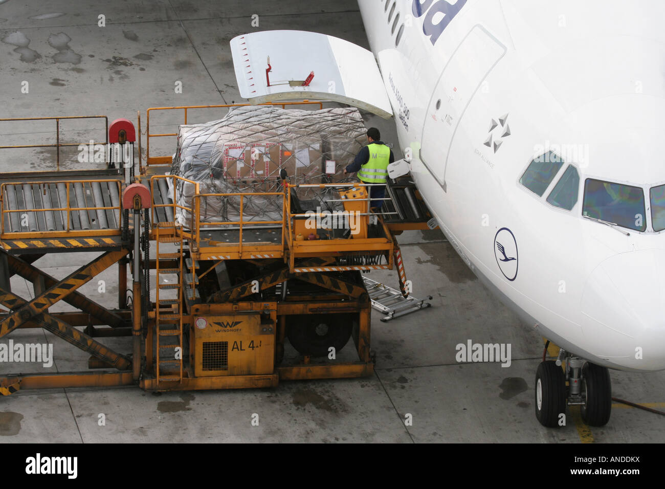 Laden von Luftfracht an Bord eines kommerziellen Jet-Flugzeugs. Internationale Güterverkehrsnetze und globale Lieferketten. Stockfoto