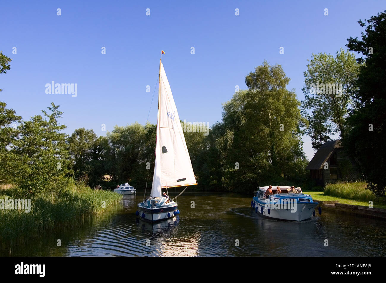 Segelboot und Fluss Kreuzer auf den Norfolk Broads Vereinigtes Königreich Stockfoto