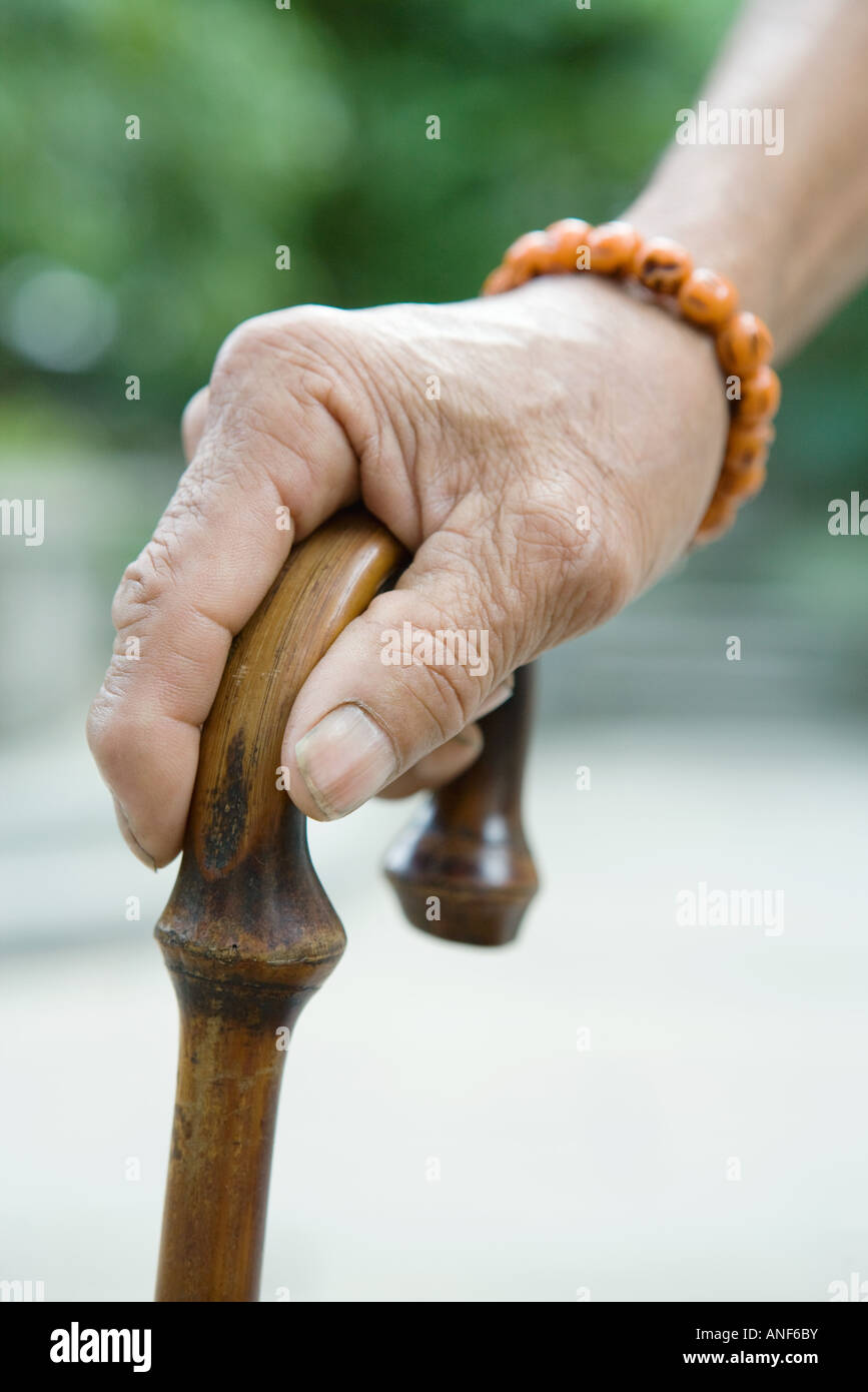 Ältere Mann Betrieb Zuckerrohr, close-up von hand Stockfoto