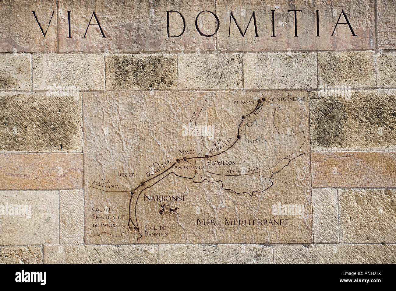 Bas-Relief Plan von der Via Domitia, Narbonne, Frankreich. Stockfoto