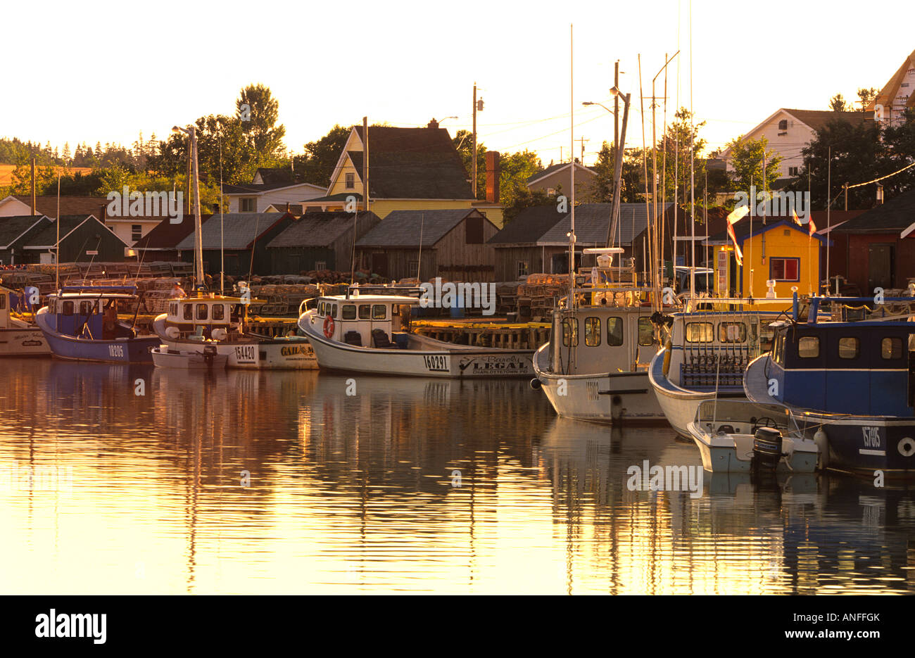 Angelboote/Fischerboote in der Abenddämmerung, North Rustico Harbour, Prince Edward Island, Canada Stockfoto