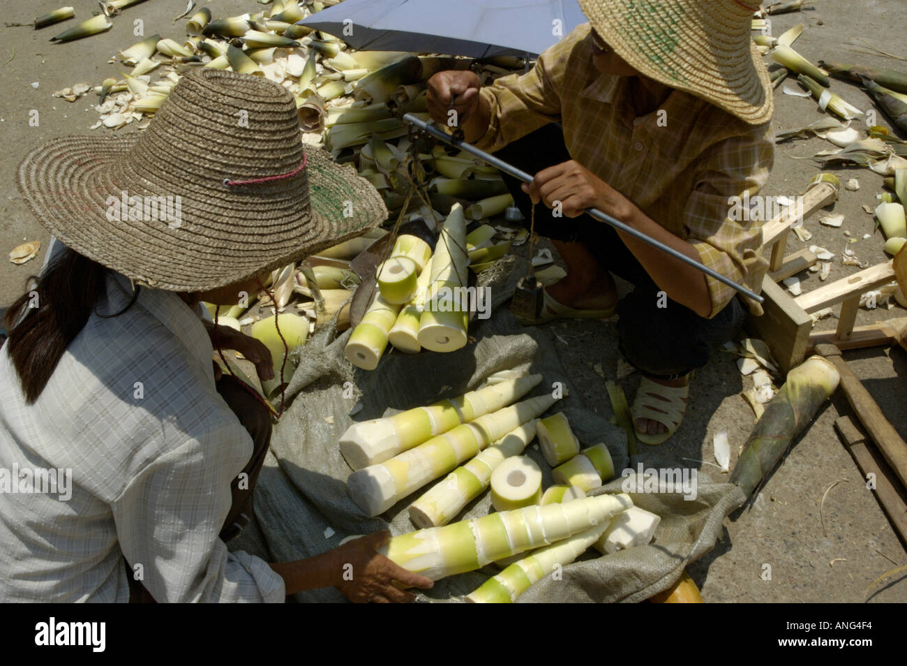 Fuli Dorf in der Nähe von Yangshuo, China - Frau Bambussprossen, A Kunden bei der Verkaufsmarkt Stockfoto